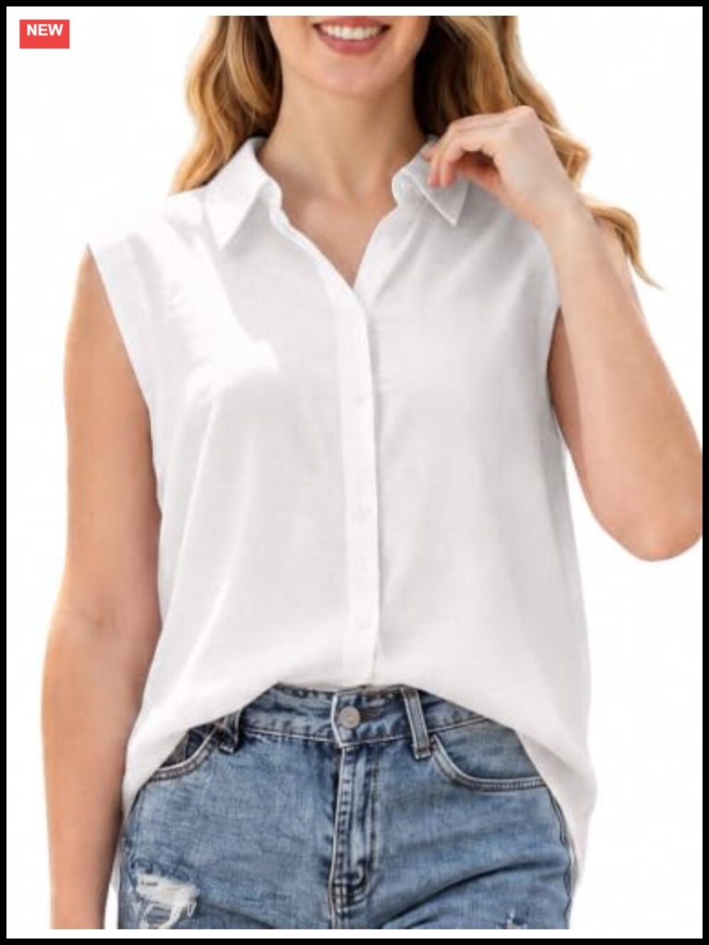 100% Cotton Sleeveless Button Down Shirt Loose Fit Collared Blouse